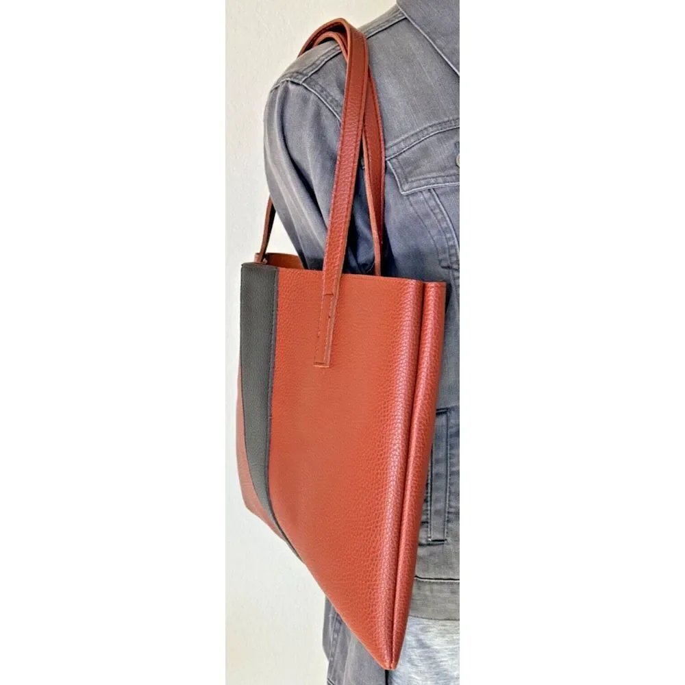 Vince Camuto Tote Brown Pebbled Vegan Leather Black Stripe CarryAll Shoulder Bag - Picture 4 of 8